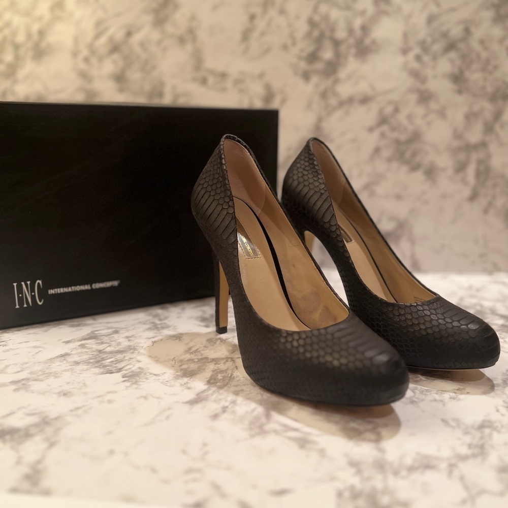 INC -Black leather heels w/snake skin pattern, size 8.5, great condition.
